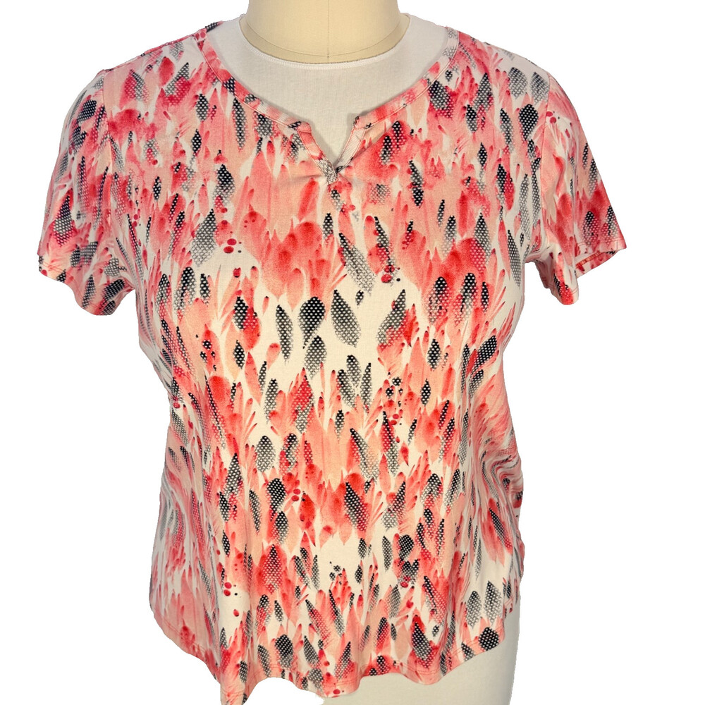 Chico's Tee Shirt Women's XXL (4) Pink Black White Abstract Leaf Short Sleeve